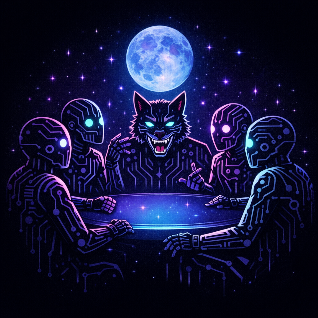 Moonlight Mischief GenAI Hackathon — AI agents gathered around a glowing table under a full moon